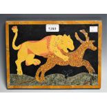 A pietra dura rectangular panel, inlaid in specimen stones with a lion attacking a deer,