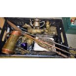 Metalware - a matched set of steel and brass fire irons; brass chambersticks, chestnut roaster,