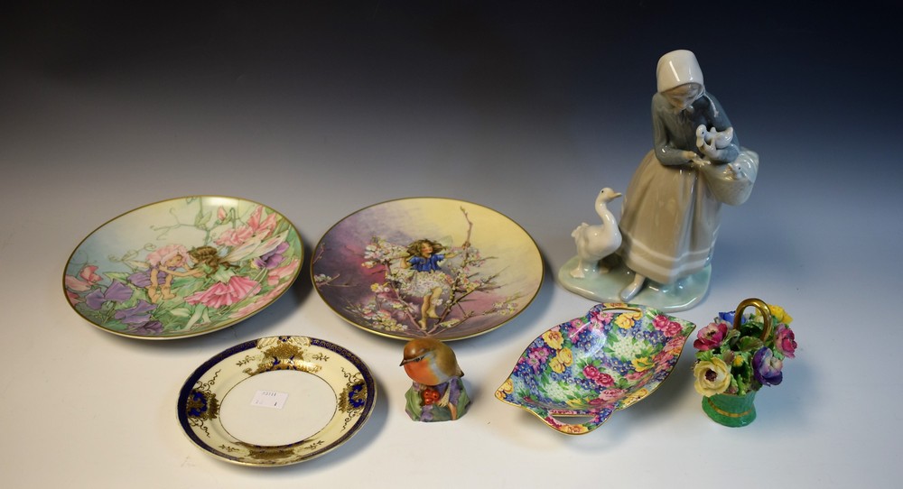 A Lladro Goose Girl figure; a Royal Winton chintz Julia pattern pin dish;