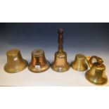 Bells - a late 19th/early 20th century hand bell, bronze bowl, brass clapper, turned wooden handle,