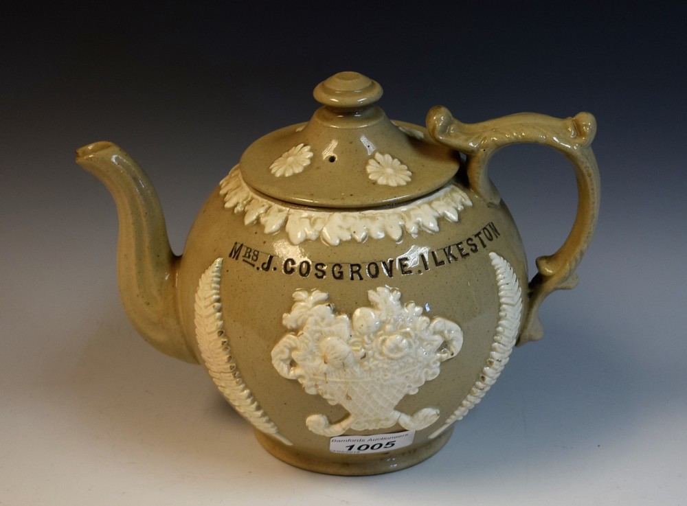 A 19th century stoneware teapot, Mrs J Cosgrove,