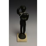 Grand Tour School, after, a verdigris patinated bronze figure, white marble base,