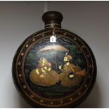 A large Indian toleware moon shaped flask or canister, painted in polychrome with a courting couple,