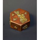 A Japanese bronze hexagonal trinket box, hinged cover,