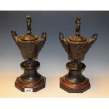 A pair of 19th century bronze and marble two handled mantel urns and covers,