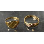 A 9ct gold gents signet ring; another woven top, 6.