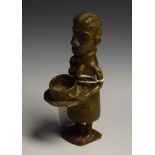 Tribal Art - a Benin bronze figure, she stands, holding out a vessel, 15cm high,