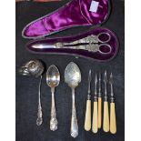 Silver and Plate - an unusual EPNS Escargot snail shell bowl buttering spoon, cased grape shears,