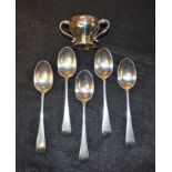 A set of five silver teaspoons, London 1904; a miniature silver two handled trophy,