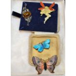 A Sterling silver Art Nouveau butterfly enamel brooch; three others,