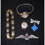 A 9ct gold lady's wristwatch case; silver and enamel RAF sweetheart brooch;