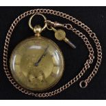 An 18ct gold open faced pocket, John Williams, London, gilt floral dial, bold Roman numerals,