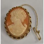 A 9ct gold mounted oval shell cameo brooch, portrait profile of a Maiden, JCY & Co,