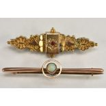 Brooches - a 9ct gold and opal target bar brooch, central circular opal cabochon, flashing blue,