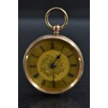 A 9ct gold lady's open face fob watch, gilt floral dial, Roman numerals, minute track,
