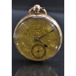 A Victorian 18ct gold open faced pocket watch, gilt floral dial, , Arabic numerals,