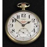 Lanco - a railway open face pocket watch, creamy white dial, bold Arabic numerals 1-12,