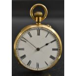 An 18ct gold lady's open face pocket watch, white enamel dial, bold Roman numerals, minute track,