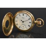 A Waltham 9ct gold plated gentleman's half hunter pocket watch, white enamel dial, Roman numerals,