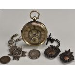 A George V silver open face pocket watch, silvered dial, raised Rose metal Roman numerals,