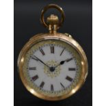 A 14ct gold lady's open face pocket watch, white dial, Roman numerals, floral outer collar,