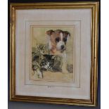 Attributed to Margaret Theyre Jack Russell Puppy and Kittens watercolour heightened in white, 21.