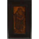 An Arts and Crafts marquetry panel, inlaid in burr and specimen timbers with a wise elder,