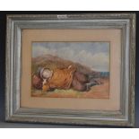 A Bouvier (19th century) Asleep on the Beach signed, dated 1872, watercolour,