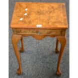 A burr walnut side table, crossbanded, book veneered top, single drawer to frieze, cabriole legs,