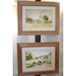 P. Hercox, English school A pair of watercolours, Farm Scene and River Bridge, signed and framed.