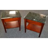 A pair of reproduction mahogany marble topped side tables