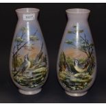 A pair of Victorian painted grey milk glass vases,