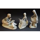 A Lladro figure group, Food For Ducks, matte finish; others, Shepherdess With Dove,