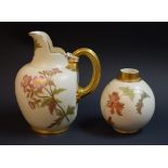 A Royal Worcester flatback jug, printed and painted with flower sprigs, on a blush ivory ground,