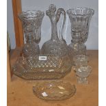 A pair of 19th century mallet shaped decanters, triple rings to neck, strawberry cut,