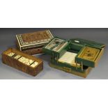 Boxes & Objects - an Anglo Indian vitzgaptan inlaid and carved box; cased bone dominoes;