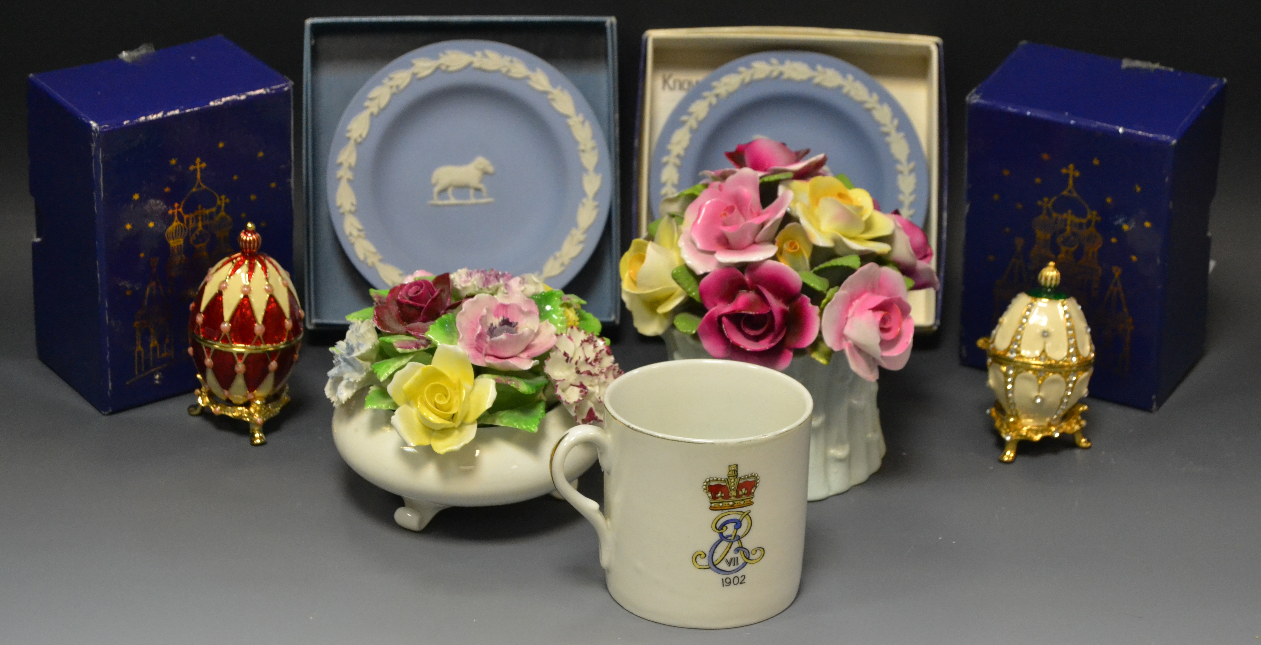 Ceramics - a Wedgewood Aries dish; another RR Motors; flower posies; two 'Faberge' eggs;