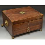 A 19th century mahogany work box, bat wing paterea to angles, chequered banding,