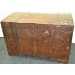 A large dome topped scumbled pine metal bound chest, bracket feet.