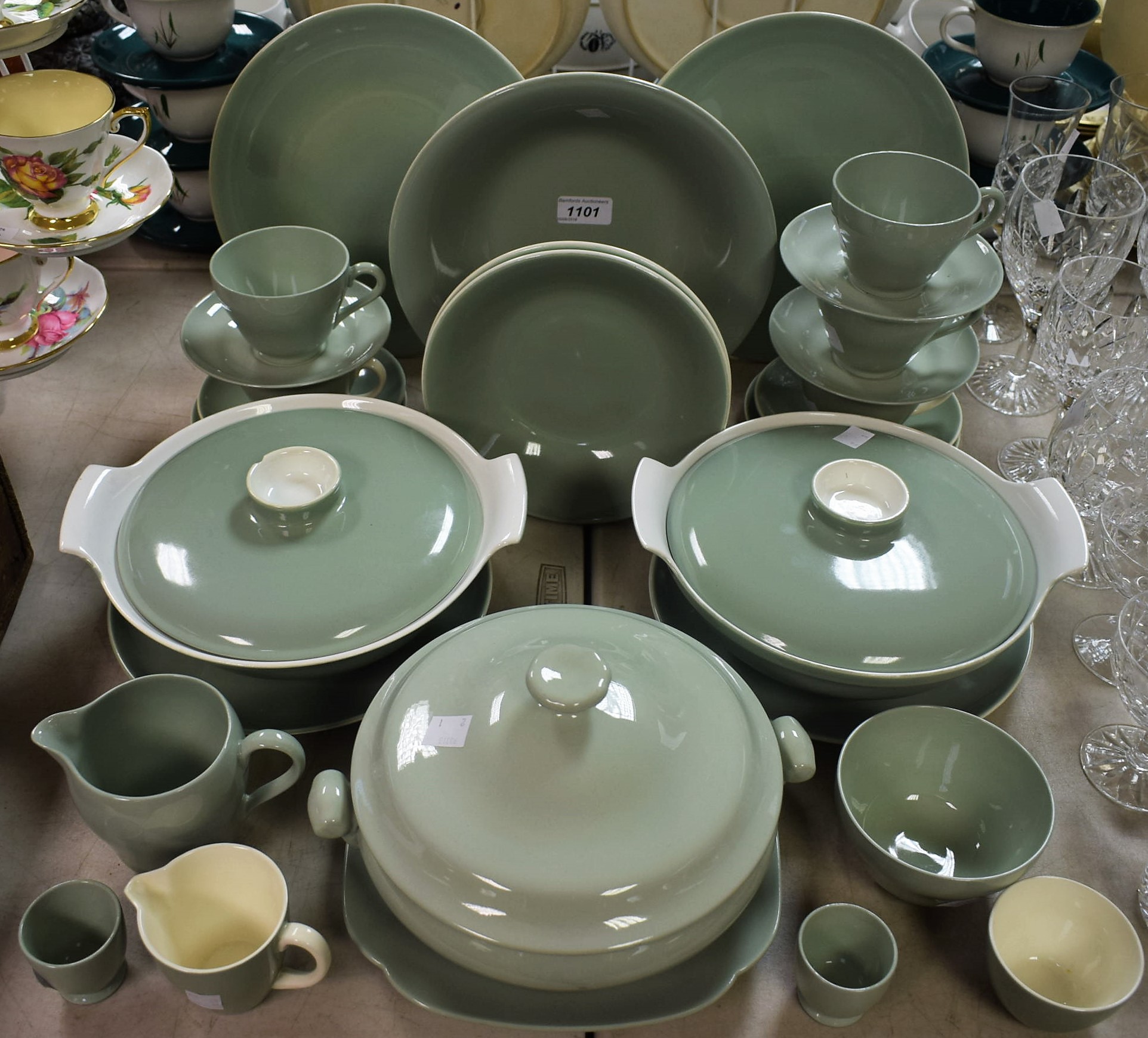 Ceramics - a Poole pottery part dinner service, sage green including salad bowl, sugar bowl,