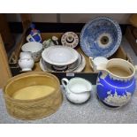 Ceramics - a Victorian Copeland blue and white jasper style jug, Shakespeare panels; stoneware dish,