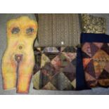 Contemporary Textiles - an openwork woven wall hanging; a double bed size patchwork throw,