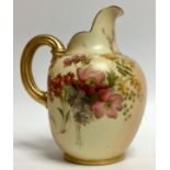 A Royal Worcester flatback jug, decorated with flowers on a blush ivory ground,