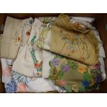 Textiles - embroidered tablecloths, including Cottage Garden Flowers, Crinoline Lady; etc.