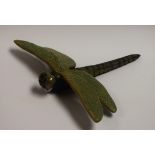 Studio Pottery - a Lynn Hazel pottery dragonfly, moulded body, green gloss and matt glaze, signed,