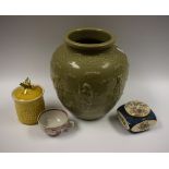 Ceramics - a Celadon ovoid vase, figural scenes, approx.