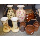 Ceramics - a trio of Brampton type salt glazed jars; crock pot; a pair of Crown Ducal vases,