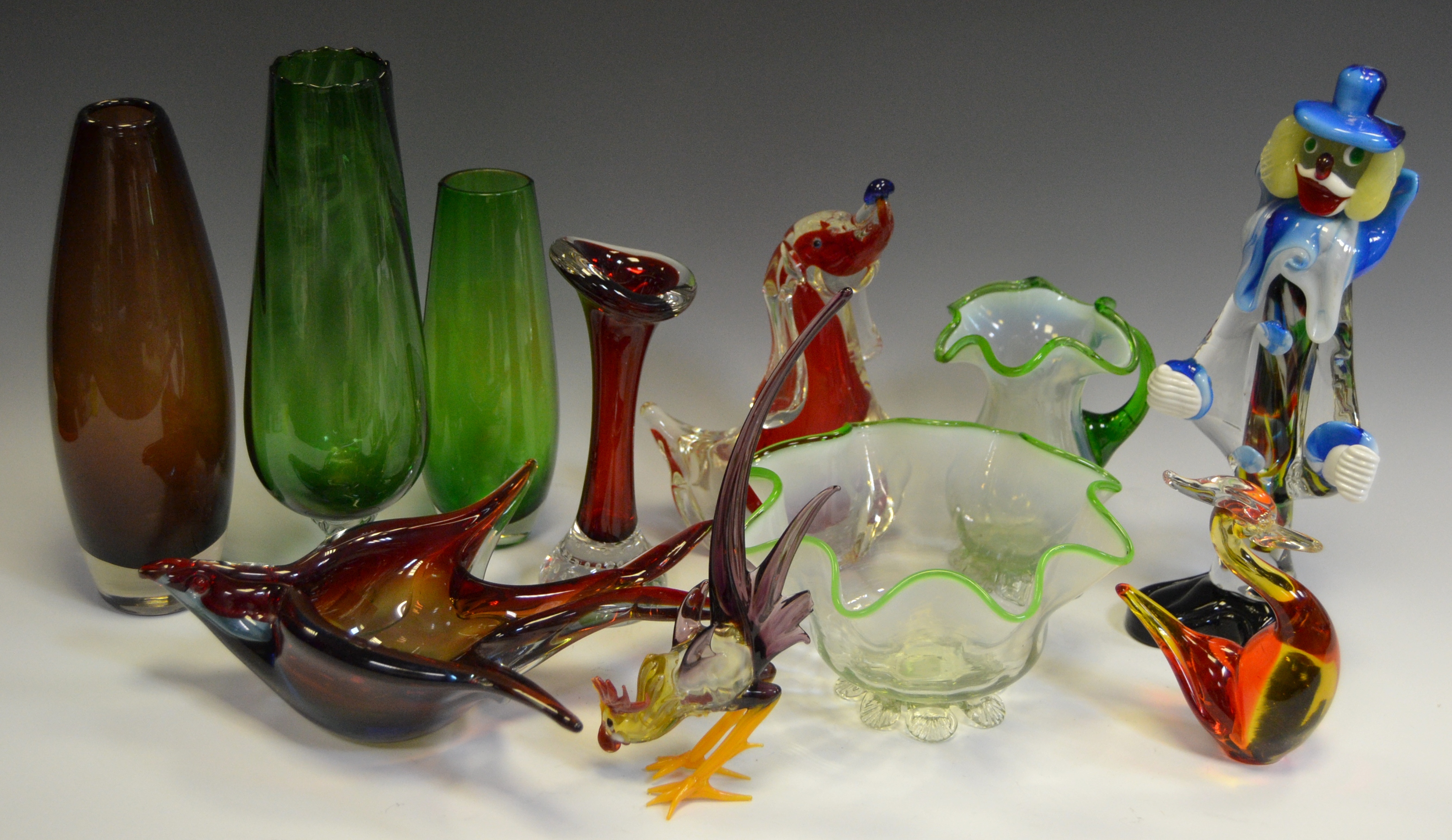 Glassware - a Murano Clown; a Murano Hound; Chicken; stylised dish in the form of a Seagull;