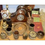 Boxes and Objects - a Victorian treen nut bowl; studio ceramics; Napoleon hat mantel clock;