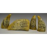 A set of three reproduction scrimshaws, each carved,